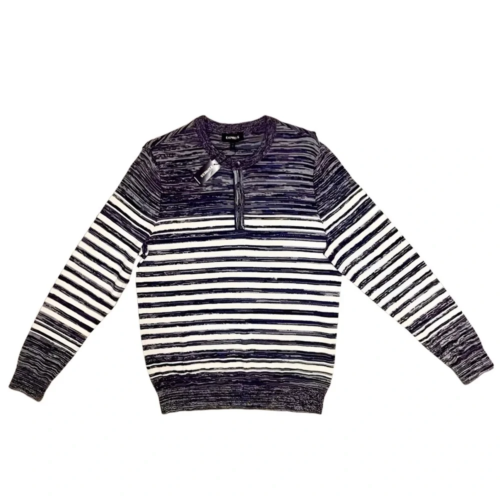 Express Men’s Long Sleeve Button-Down Top Navy Blue and White Striped New